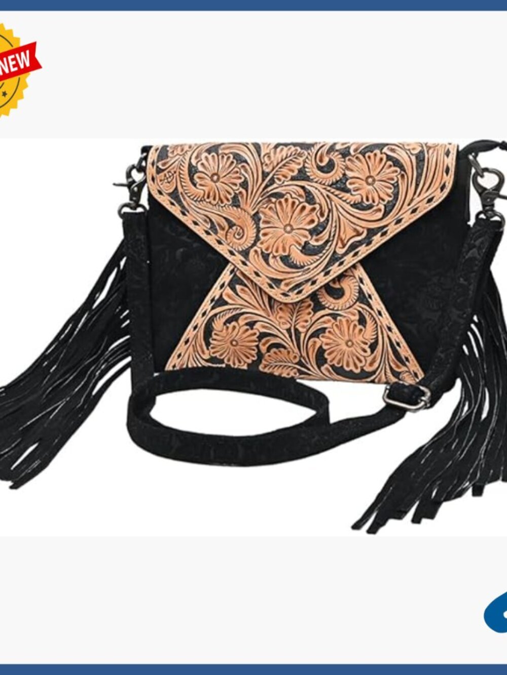 Genuine Leather Crossbody Bag with Hand Tooled Floral Carving and Fringes